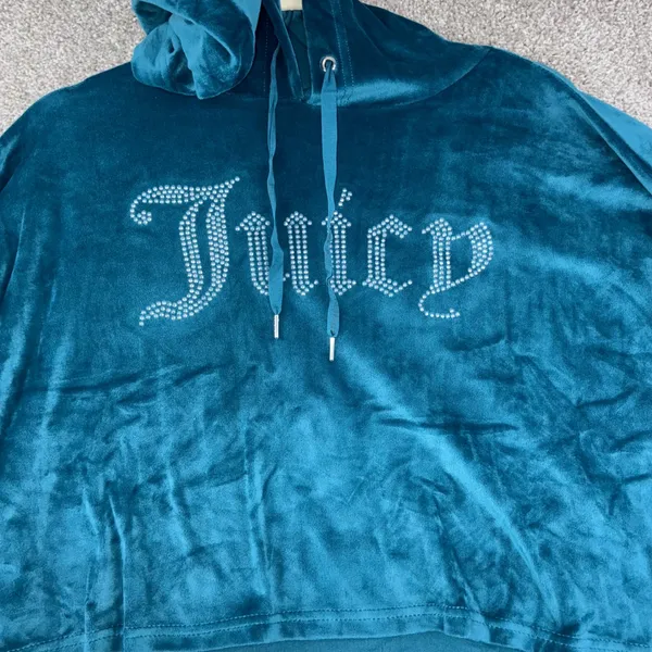 Juicy Couture Velour Cropped Hoodie‎ Women L Blue Rhinestone Logo Y2K McBling - Image 3