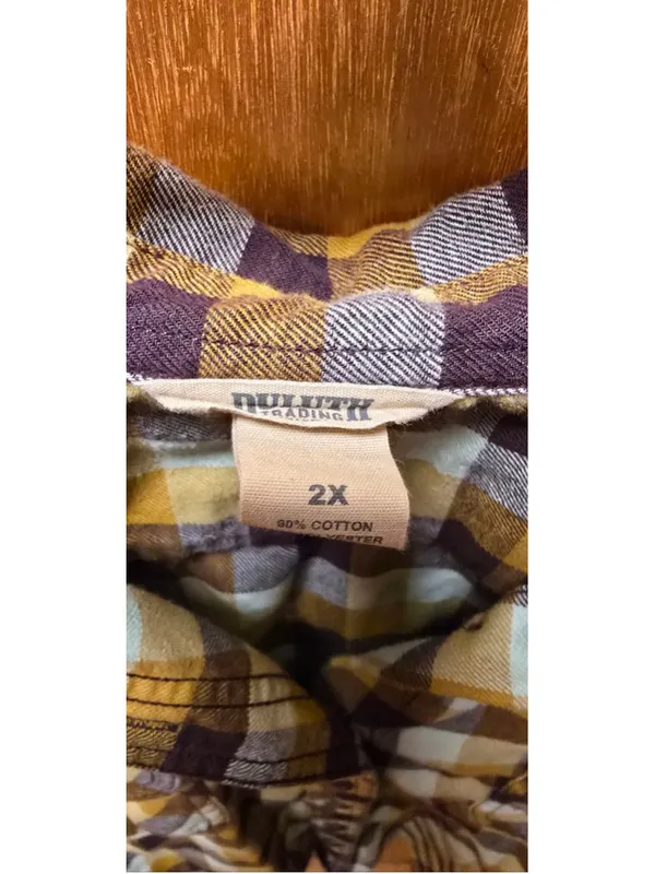 Duluth Trading Co. Women’s 2X Mustard Blue Plaid 100% Cotton Button Front Shirt - Image 3