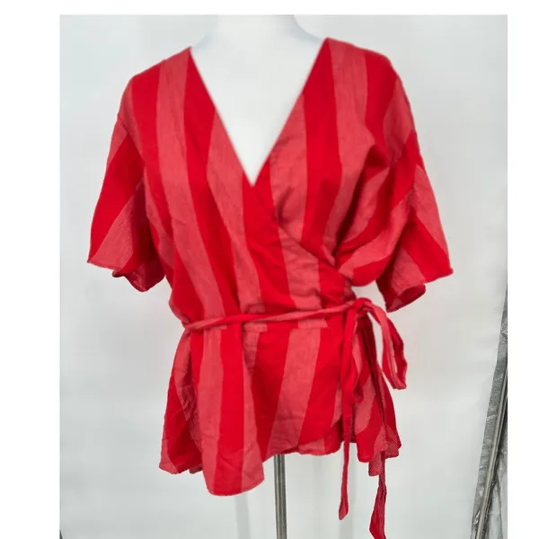 LOFT PLUS Wrap Top‎ Women 24 Red Striped Short Sleeve V-Neck Casual Peplum - Image 2