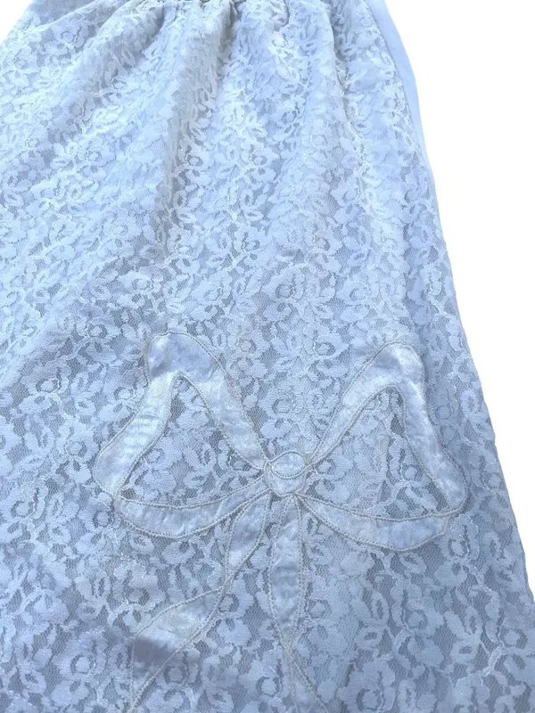 Vintage White Lace Skirt With Bow Accent & Scalloped Hem Elastic Waist Lined 35o - Image 5