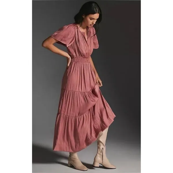 ANTHROPOLOGIE Somerset Satin Maxi Dress Rose Pink Mauve X-Small Petite XSP - Image 5