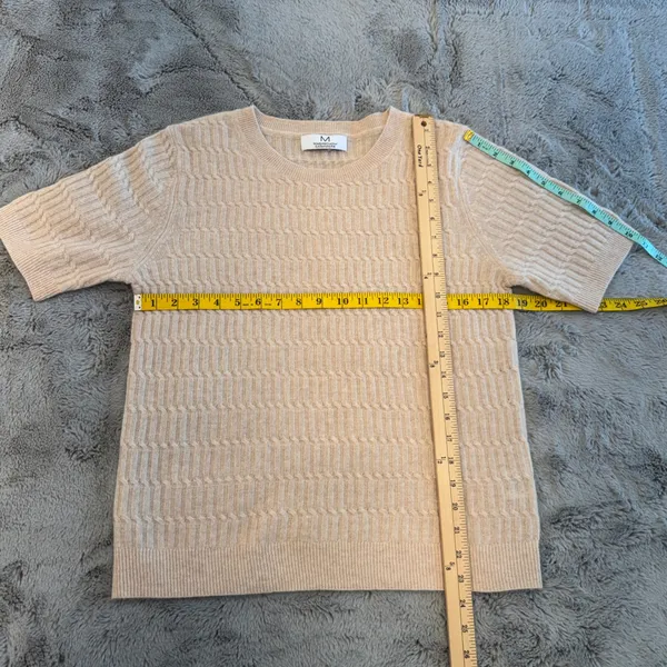 Magaschoni 100% Cashmere Short‎ Sleeve Sweater Cable Knit Beige Tan Womens S M - Image 6