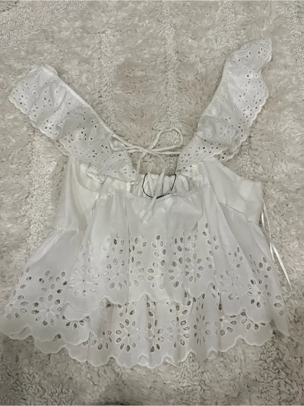 Zara White Textured Eyelet Ruffle Tank Top Cottagecore Cotton Size Large NWOT - Image 4