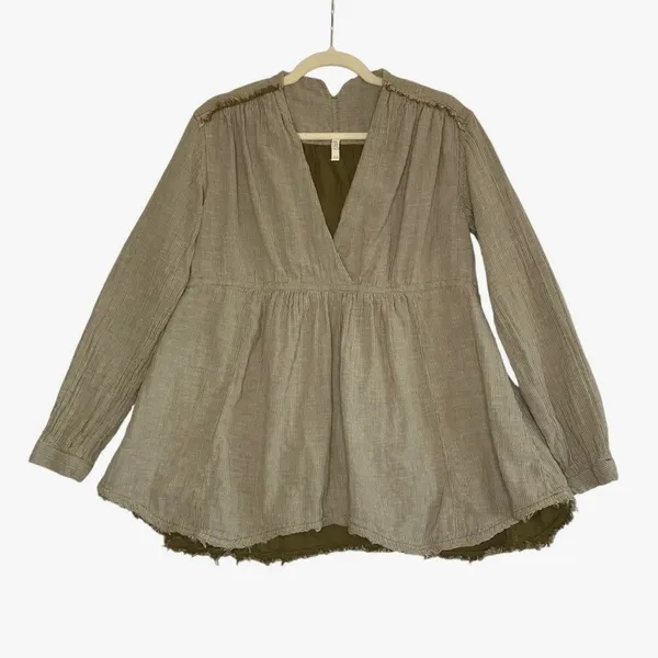 FREE PEOPLE V-Neck Blouse-Tunic Women M Olive Coastal Boho Cottage Western City - Image 4