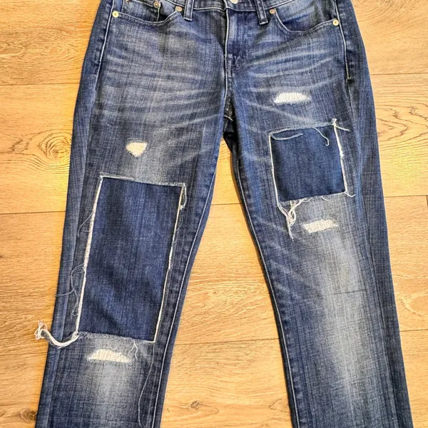 Madewell Slim Boyjean Jeans Patched Distressed Denim Raw Hem Womens‎ Size 26 - Image 6