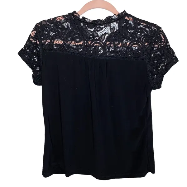 Uncommon Job Small Black Lace Yoke Short‎ Sleeve Tie Neck Blouse - Image 2