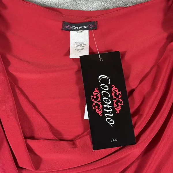 Cocomo Red Dress Large Cowl Neck Blouson Knee MIDI Elastic Waist Flattering Fit - Image 5