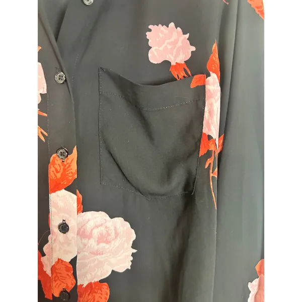 Who What Wear Black‎ Floral Rose Print Button Down Blouse Long Sleeve Womens L - Image 3