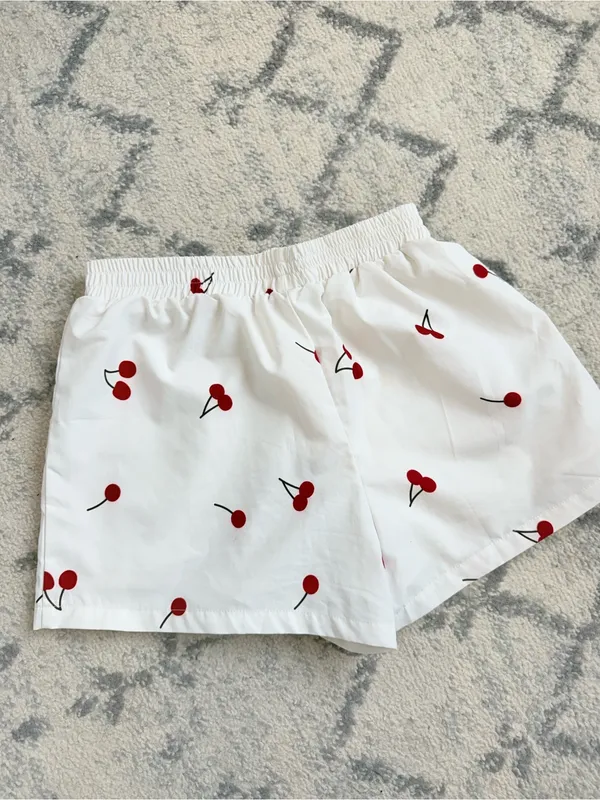 SHEIN White Cherry-Print Elastic Waist Athletic Shorts - Image 2