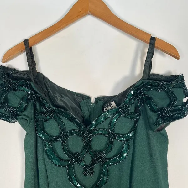 Vintage 90s Niki Originals Emerald Green Beaded Sequin Gown Dress Womens 8 - Image 2