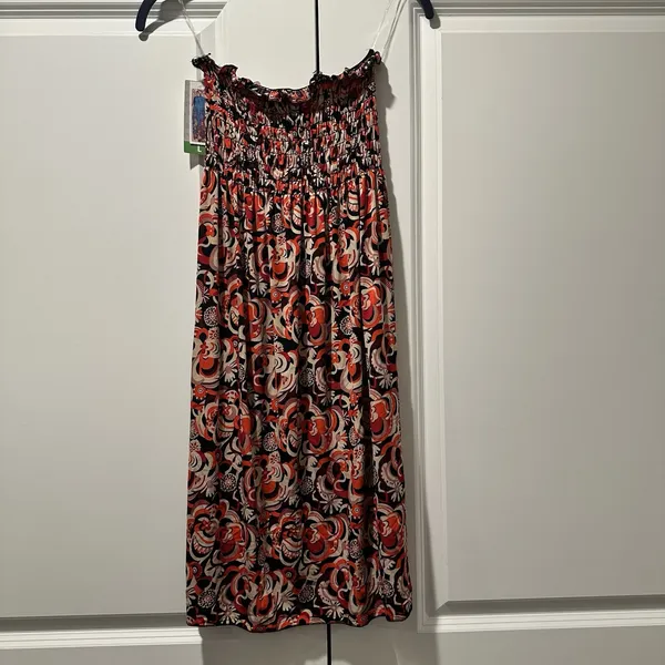 Carnival Fashion Womens Strapless Smocked Midi Dress Orange Black Floral Large - Image 7