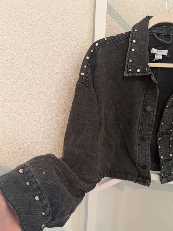Forever 21 Black Studded Cropped Denim Trucker Jacket  - Image 3