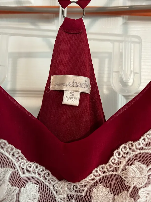 Charming Charlie Burgundy Mini Dress with White Lace Trim - Image 3