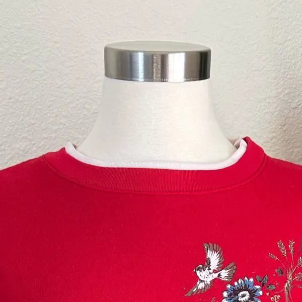 Vintage Red Floral Bird‎ Sweatshirt Cozy Fall Grandma Core Pullover XL - Image 4