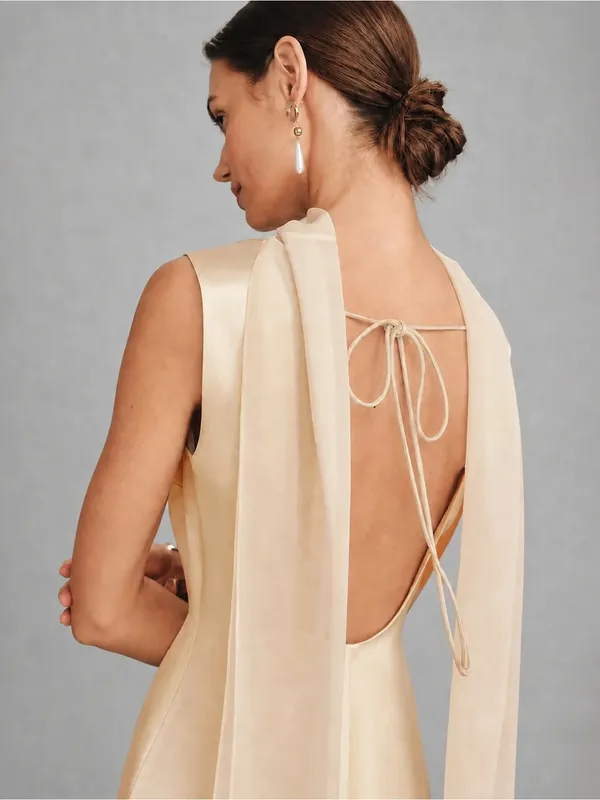 Rihoas Apricot Boat Neck Tie Satin Mini Dress - Image 4