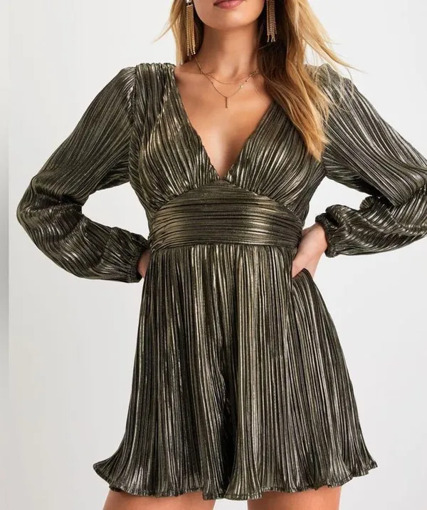 Lulu’s Plisse and Thank You Gold Pleated Long Sleeve Backless Romper - Image 2