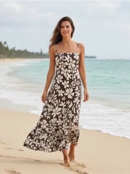 Paper Heart Brown and White Tropical Floral Print Tiered Maxi Dress NWT - Image 2