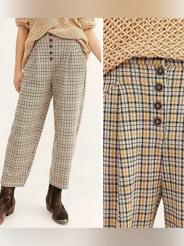Free People Posey Plaid High Waisted Pleated Carrot Trousers Pants Yellow - Image 2