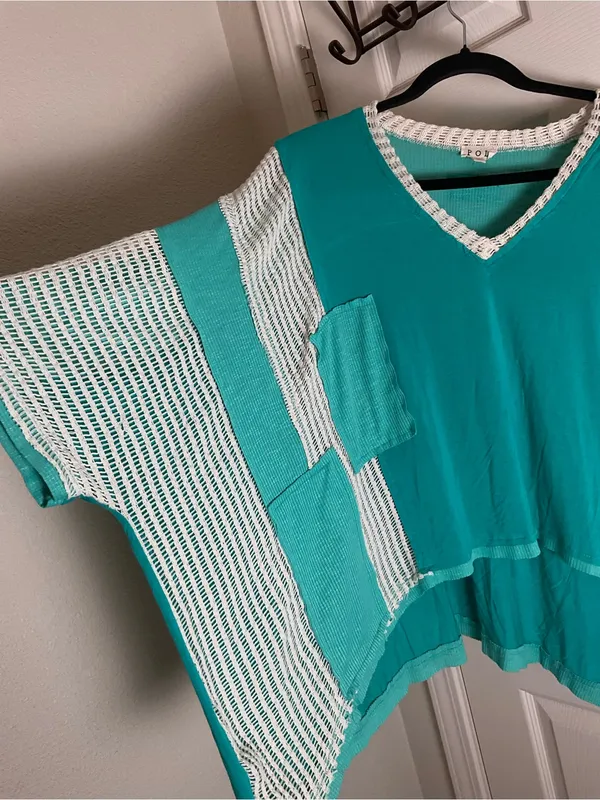 POL Bohemian Oversized Contrast Crochet Tunic Top – Teal & Cream – Size S - Image 5