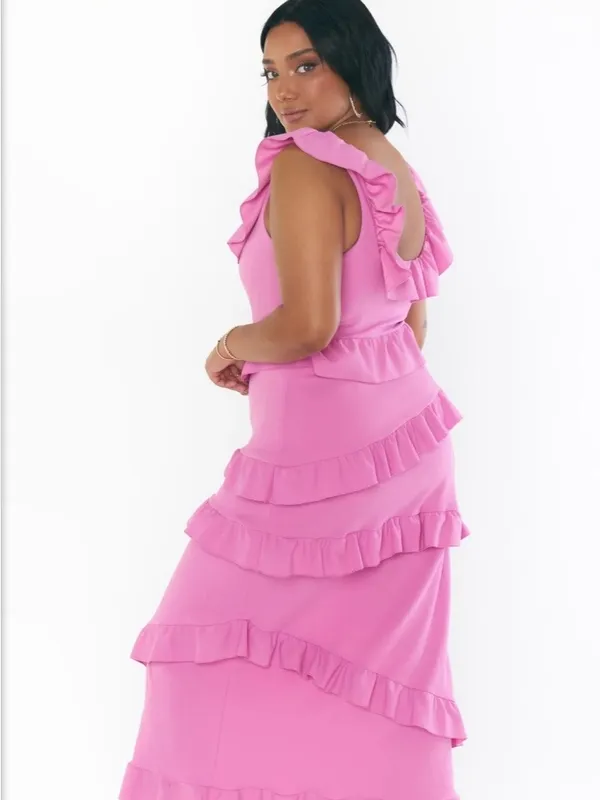 Show Me Your MuMu Greta Pink Lilac Ruffle Midi Dress with Side Slit - Image 2