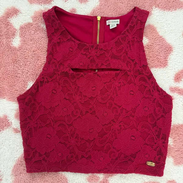 Y2K Guess Lace Crop Top XS | Fuchsia Pink Floral Lace Tank | Coquette Barbiecore Fairycore Party Going Out Top Size: XS / TP - Image 3