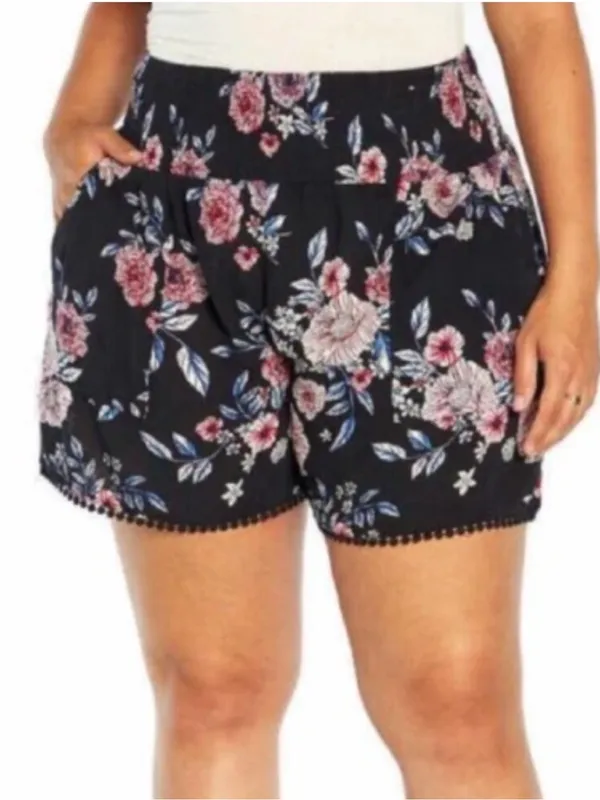 Three Dots Black Floral Smocked Pull-On Shorts Pom Pom Trim Size Medium - Image 2