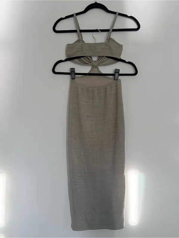 White Fox Boutique Taupe Cutout Knit Midi Dress - Image 6