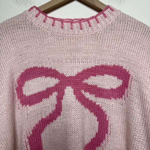 Bailey Rose Women‎ Coquette Sweater Small Pink Intarsia Bow Knit Oversize Dainty - Image 2
