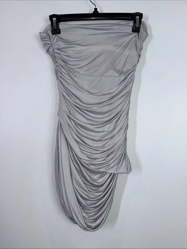 Gauge 81 women’s gray Talsi plunge neck draped strapless mini dress size small - Image 4