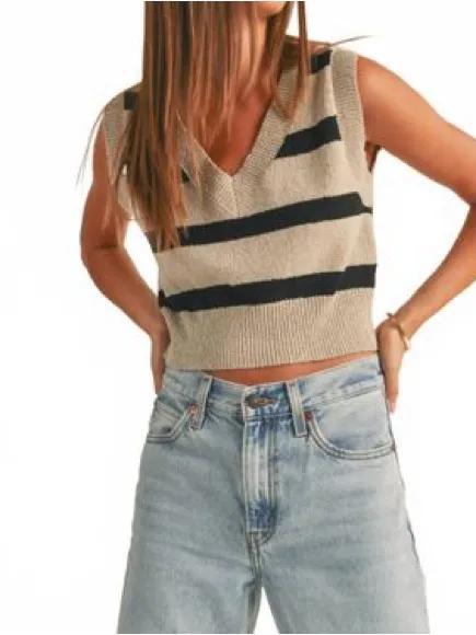 NEW Miou Muse V Neck Cropped Sweater Vest in Black and Beige Stripe - Size M - Image 3