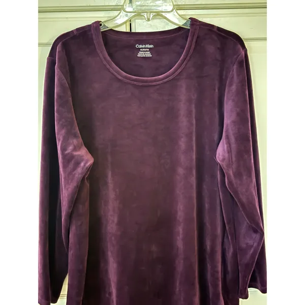 Calvin Klein Womens XL Purple Velour Long Sleeve Crew Neck Top Curved Hem - Image 2