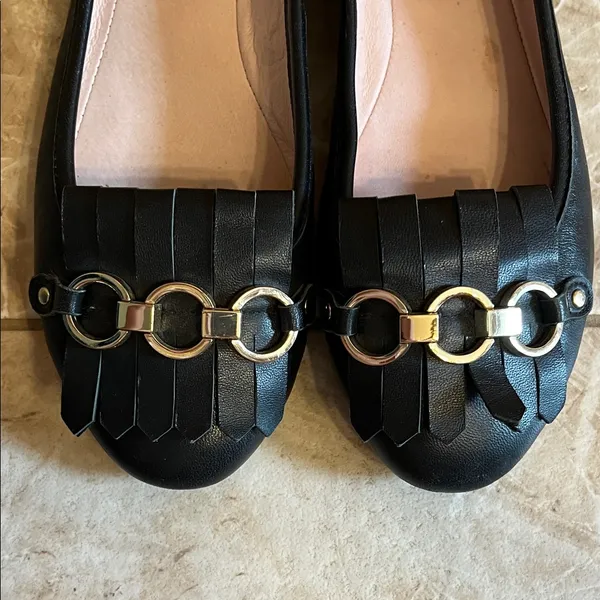 Kate Spade Black Leather Flats with Fringe & Gold Accents - Size 7 - Image 3