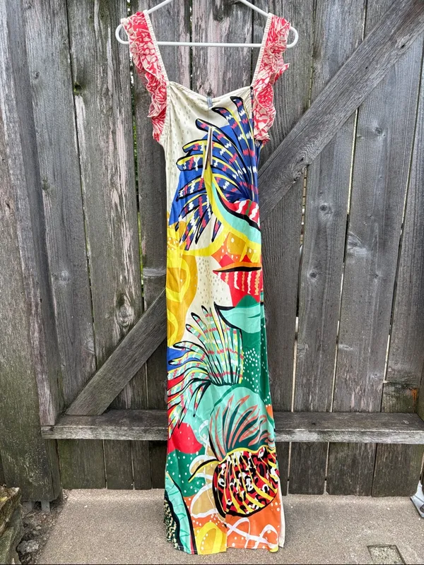 NWT Anthropologie Conditions Apply Ruffled Abstract Maxi Dress XS Retail $170.00 - Image 3