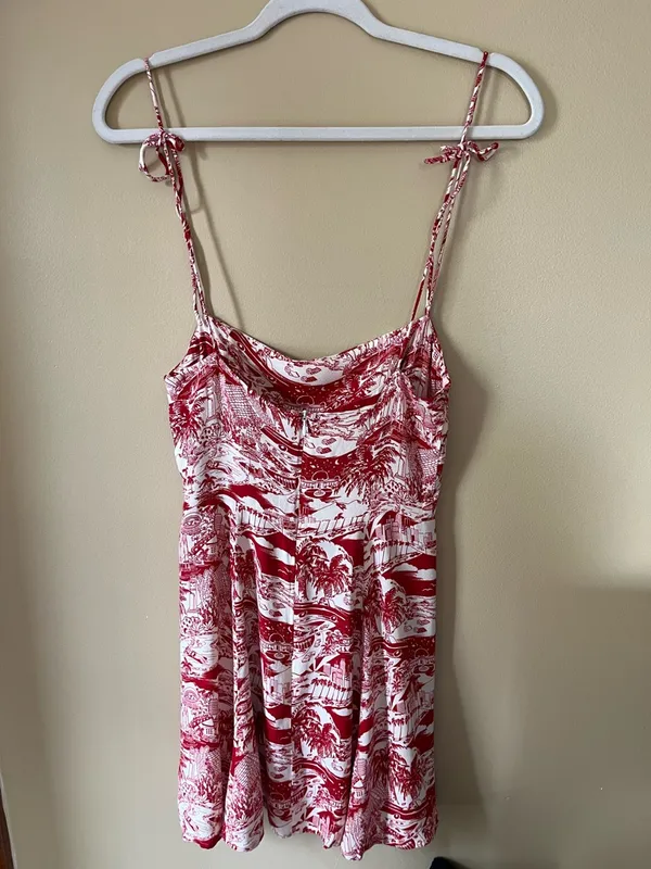 Reformation Sarah Red & Cream Los Angeles LA Printed Spaghetti-Strap Mini Dress - Image 6