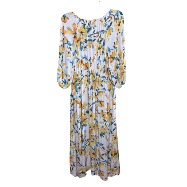 Gap Maternity Dress Womens Large Floral V-Neck Midi Boho Puff Sleeve Yellow Blue - Image 4