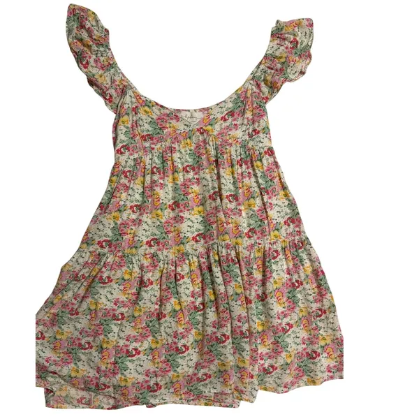 In February Floral Smocked Mini‎ Dress Small Ruffle Sleeve Tiered Rayon 1088D - Image 2