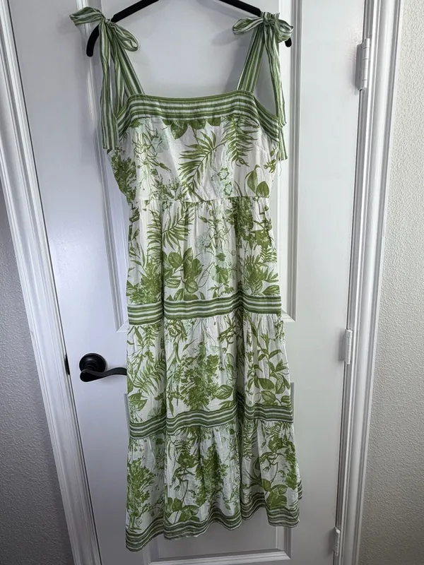 Sweet Wanderer Green Botanical Print Tie-Shoulder Tiered Midi Dress - Image 5