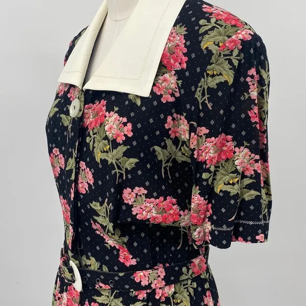 Vintage 80s Floral Shirtdress Button Down Belted Maxi Union Made Black Pink XS - Image 6