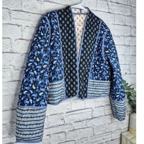 Reversible Quilted Jacket Floral Paisley Patchwork Cropped Boho Cottagecore L XL - Image 6