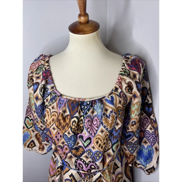 NEW FARM RIO Cream Hearts Ikat Puff Sleeve Dress Sz Small‎ - Image 7