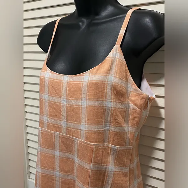 Forever 21‎ Peach/White Checkered Sleeveless Tank Sundress Lined Linen Size M - Image 2