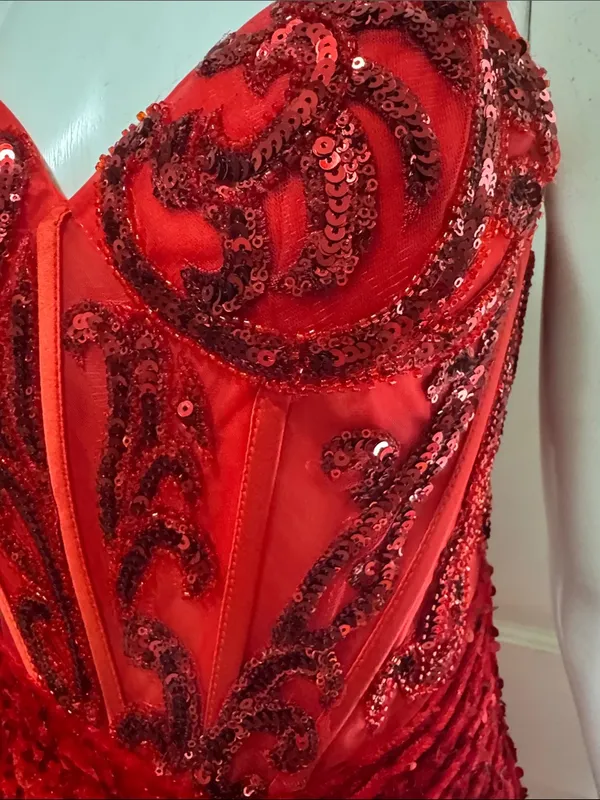 Unbranded Off shoulder Beaded Corset Slit Red Sequin Ruched Evening Gown Sz 6 A - Image 6