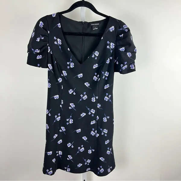 Club Monaco Floral Puff‎ Sleeve V-Neck Mini Dress Black Blue Size 2 - Image 14