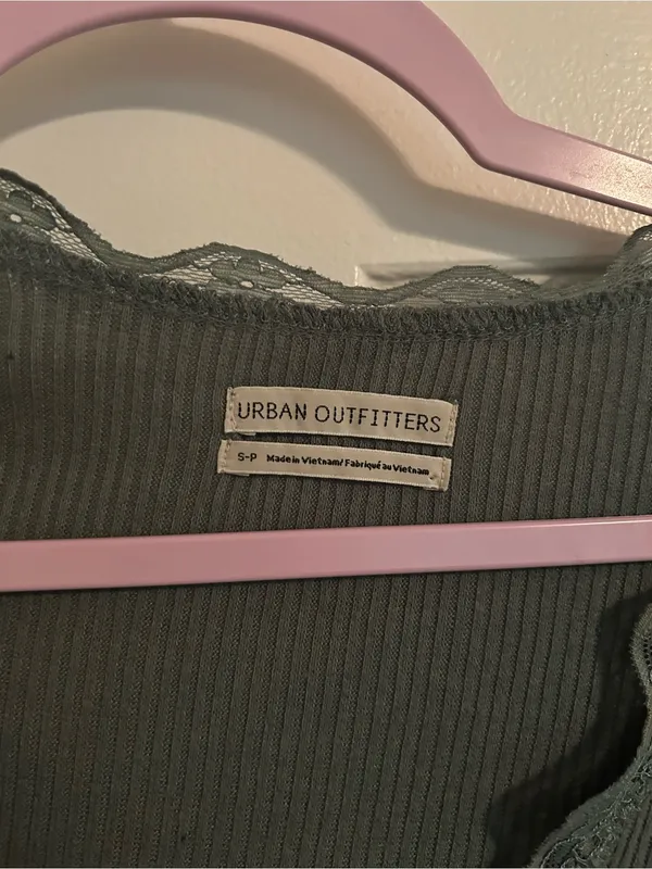 Urban Outfitters Olive Ribbed Lace-Trim Tie-Front Long Sleeve Top - Image 3
