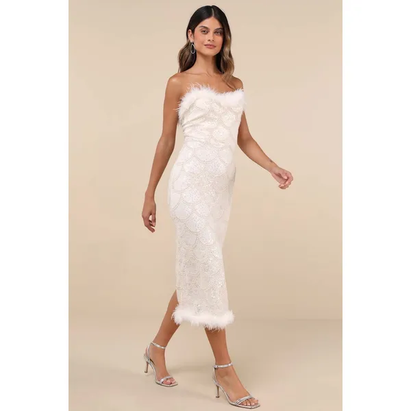 Lulus Uniquely Confident Cream Lace Feather Strapless Midi Dress Cocktail L NWT - Image 3