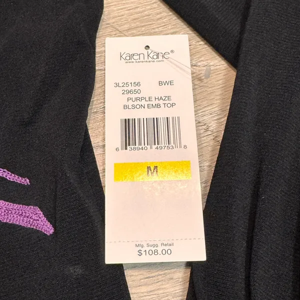NWT Karen Kane‎ Purple Haze Black Mesh Long Sleeve Embroidered Top Medium M - Image 4