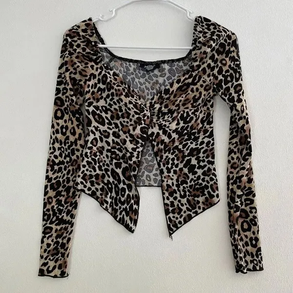 Just Polly Leopard Print Tie Front Top Size S Y2K Long Sleeve Mesh - Image 2