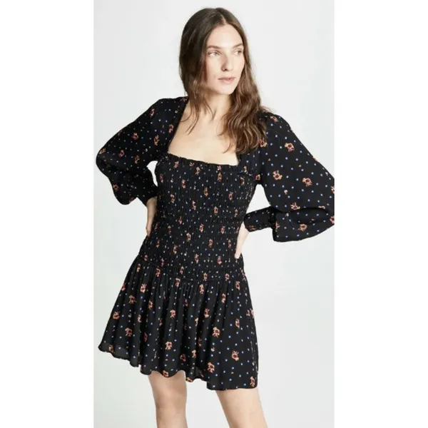 Free People Two Faces Smocked‎ Printed Mini Dress Black Combo Size Large - Image 2