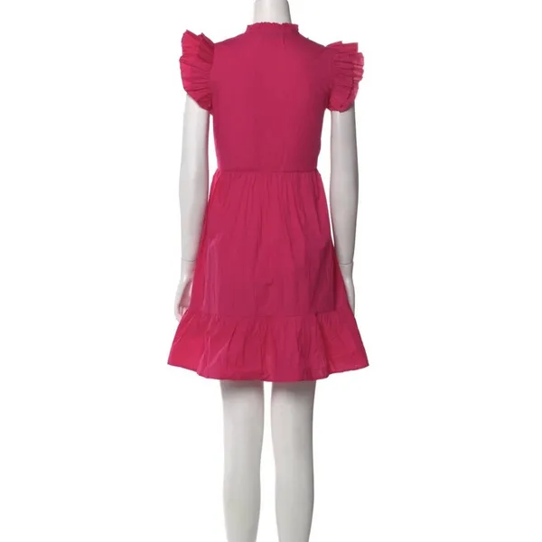 Caroline Constas Designer Tiered Ruffled Mini Dress Hot‎ Pink 100% Cotton - Image 3