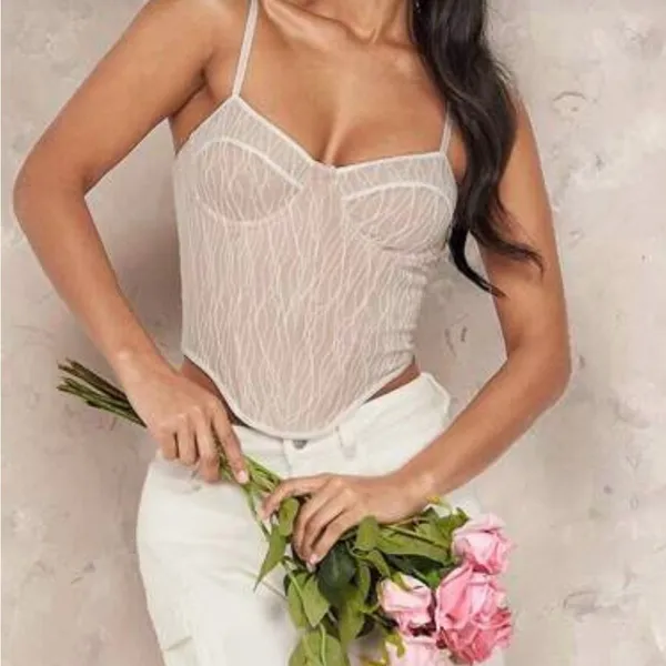 Y2K White Beige Corset Cami crop Top Coquette Backless Strap Neutral Small Chic - Image 2